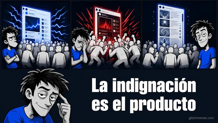 Las plataformas de noticias maximizan el tiempo con contenido que indigna, no que informa. La indignación es el producto.