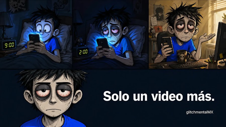insomnio crónico smartphones: uso nocturno del móvil en cama, reloj marca 2:00 y fatiga al amanecer.