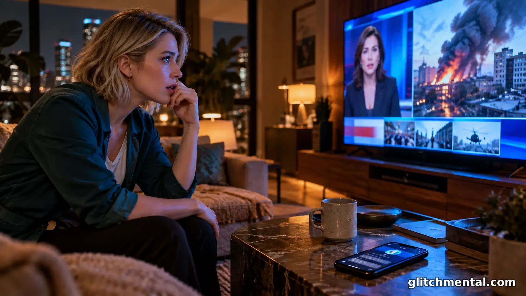 Noticias de última hora: mujer consulta una transmisión televisiva mientras deja sin usar un chatbot de IA en su teléfono