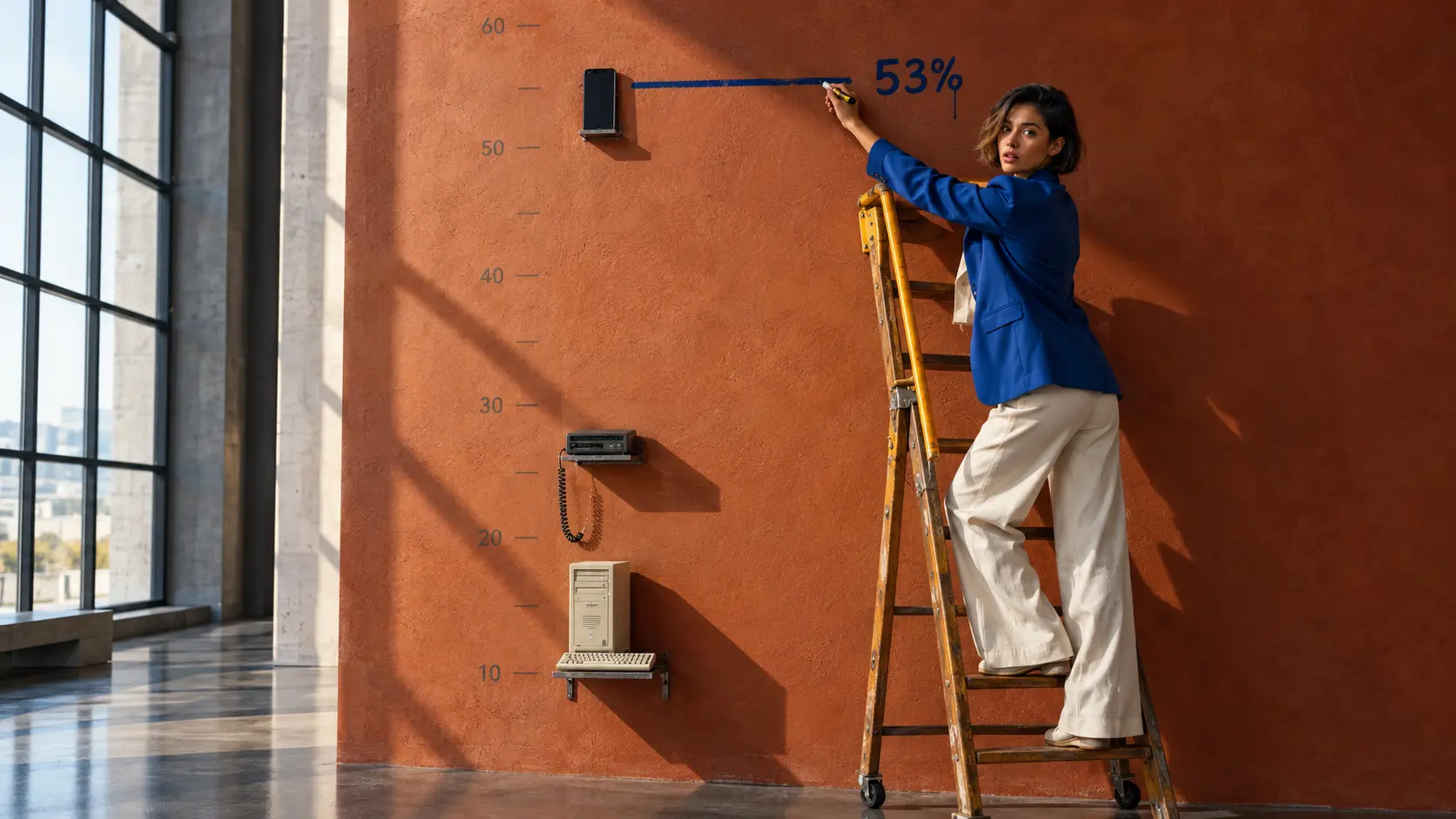 Adopción de IA más rápida que otras tecnologías: mujer marca 53% en muro junto a una PC beige y un módem a menor altura