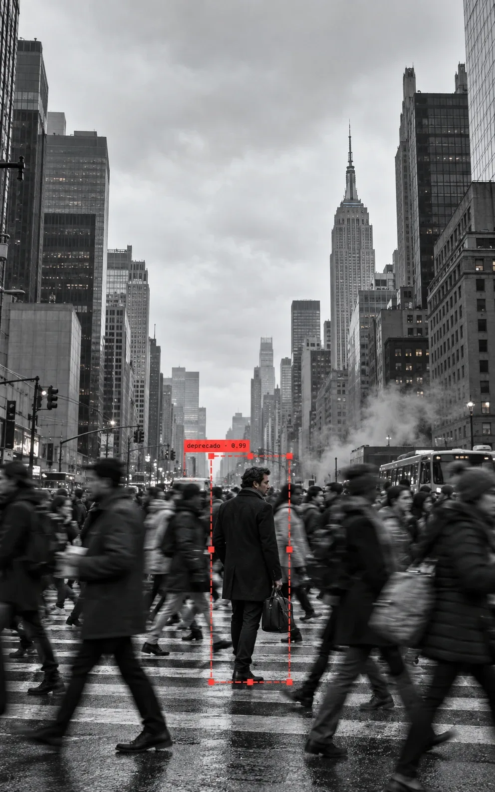 Una avenida de Nueva York en blanco y negro, con una multitud borrosa en movimiento y el Empire State al fondo; un hombre de abrigo oscuro y maletín queda quieto, de espaldas, dentro de un recuadro rojo con la etiqueta «deprecado · 0.99».