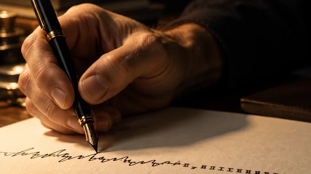 Primer plano de una mano que sostiene una pluma fuente sobre una hoja, bajo una lámpara cálida; la línea que escribe pasa del trazo manuscrito a pequeñas marcas rectangulares, como código.