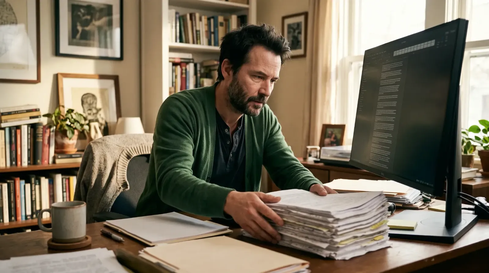 Un hombre de barba y cárdigan verde, sentado en un estudio lleno de libros, acomoda con ambas manos una pila de manuscritos con notas adhesivas junto a un monitor que muestra un texto.