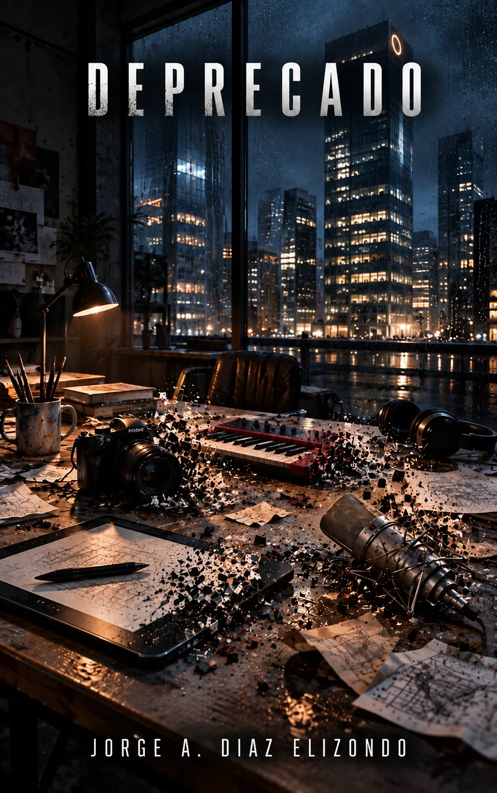 Un escritorio de noche junto a un ventanal con lluvia y rascacielos iluminados; una cámara, un teclado, un micrófono y una tableta con bocetos se deshacen en fragmentos oscuros sobre la mesa.