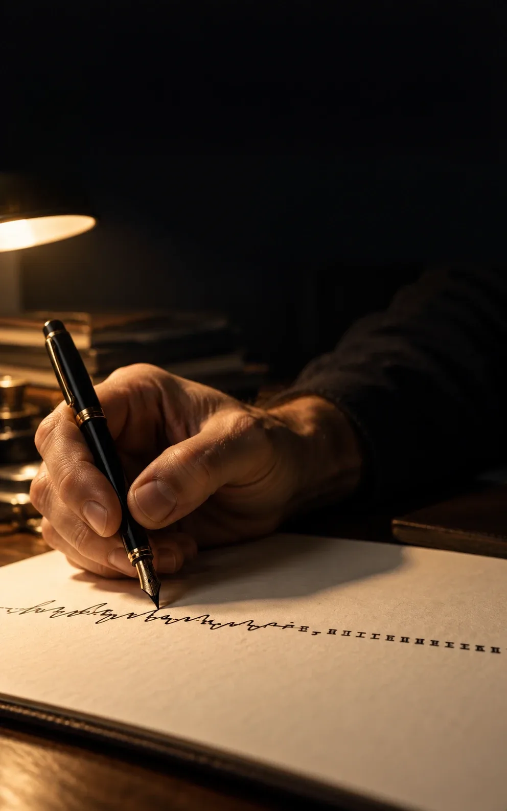 Una mano sostiene una pluma fuente sobre una hoja, junto a una lámpara y una pila de libros en la penumbra; la línea escrita pasa del trazo manuscrito a marcas como de código.