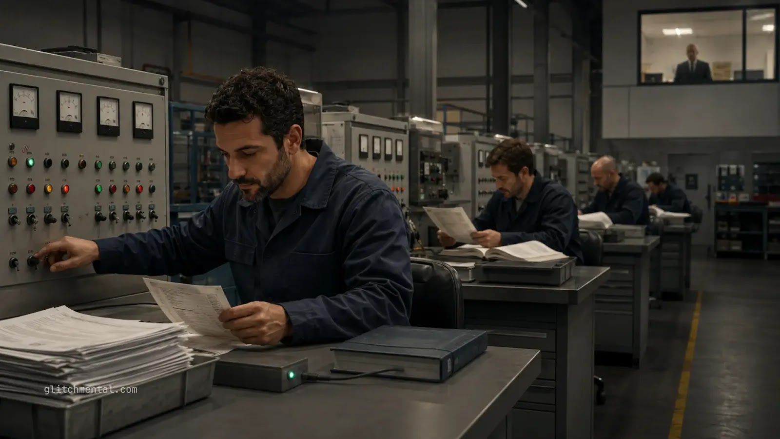 Trabajador en taller industrial usa discretamente una herramienta auxiliar conectada a su estación, logrando mayor productividad que sus colegas.