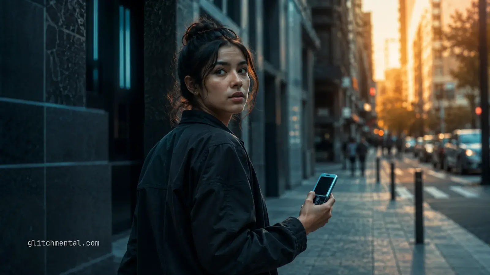 2016 vs 2026: joven mirando atrás en una calle urbana al atardecer mientras sostiene un teléfono móvil
