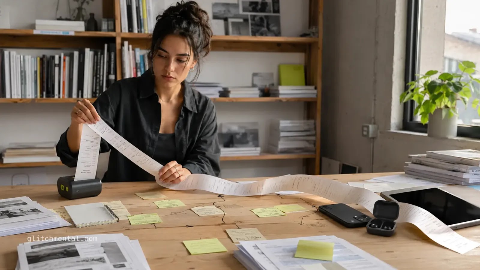 2026 es el año de lo análogo: mujer revisando recibo impreso largo en escritorio con notas adhesivas