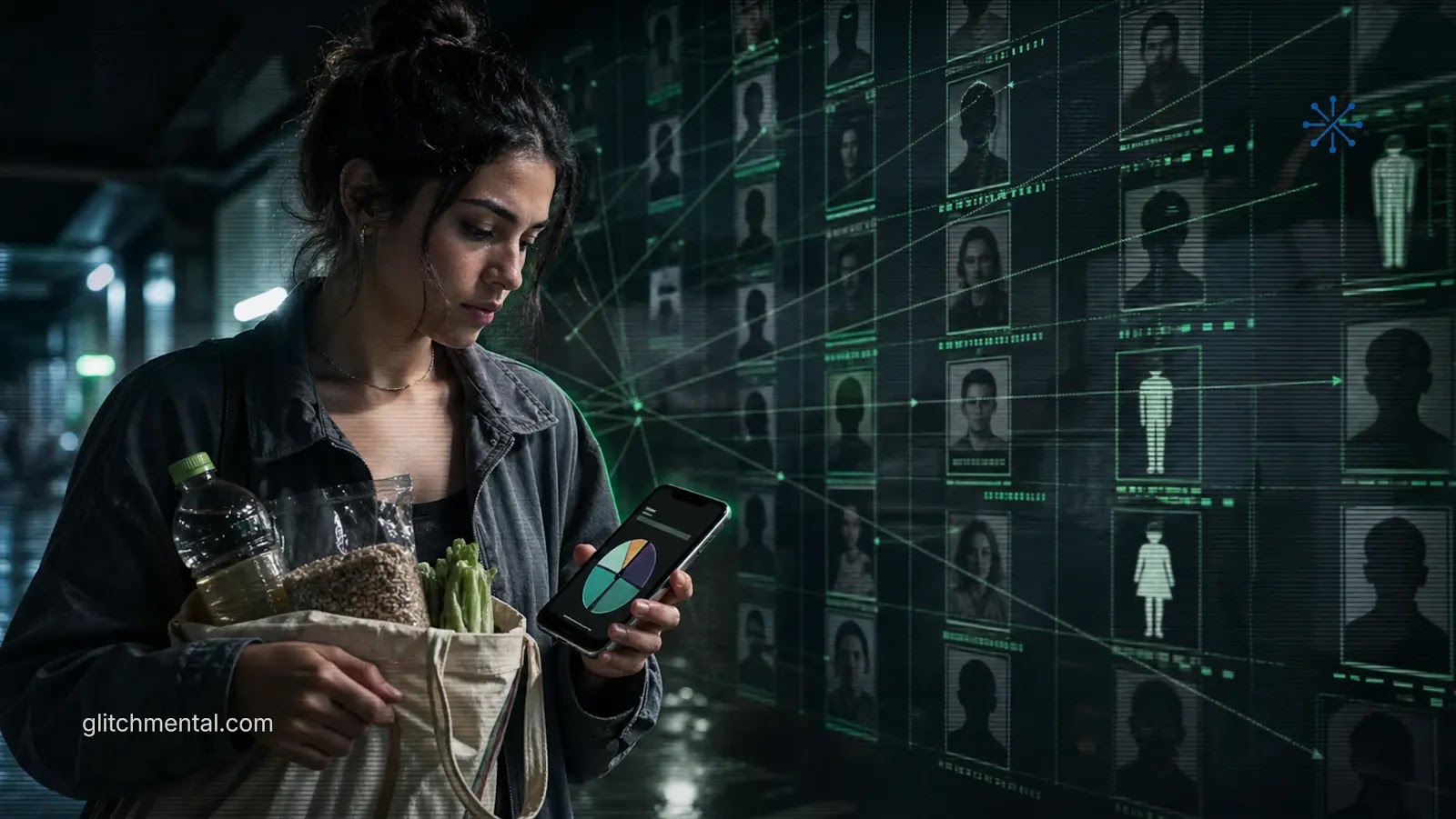 consumidor 2026 modo supervivencia: mujer con bolsa de alimentos revisa app frente a panel de perfiles conectados