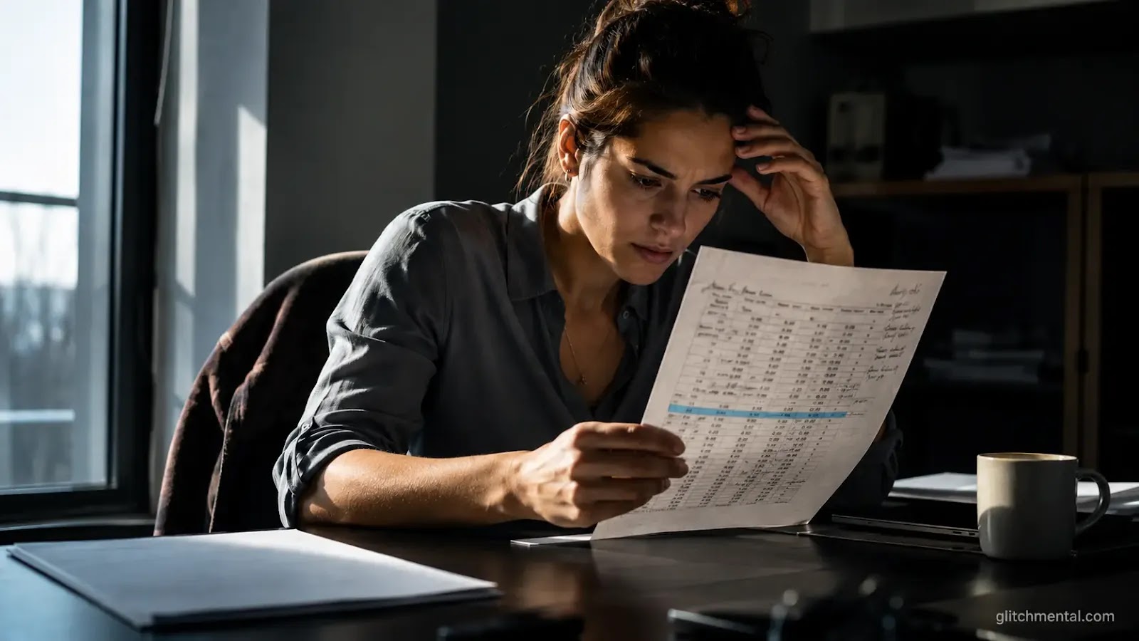 métricas IA empleo: mujer revisando documento de evaluación con línea destacada, segunda hoja boca abajo sobre escritorio