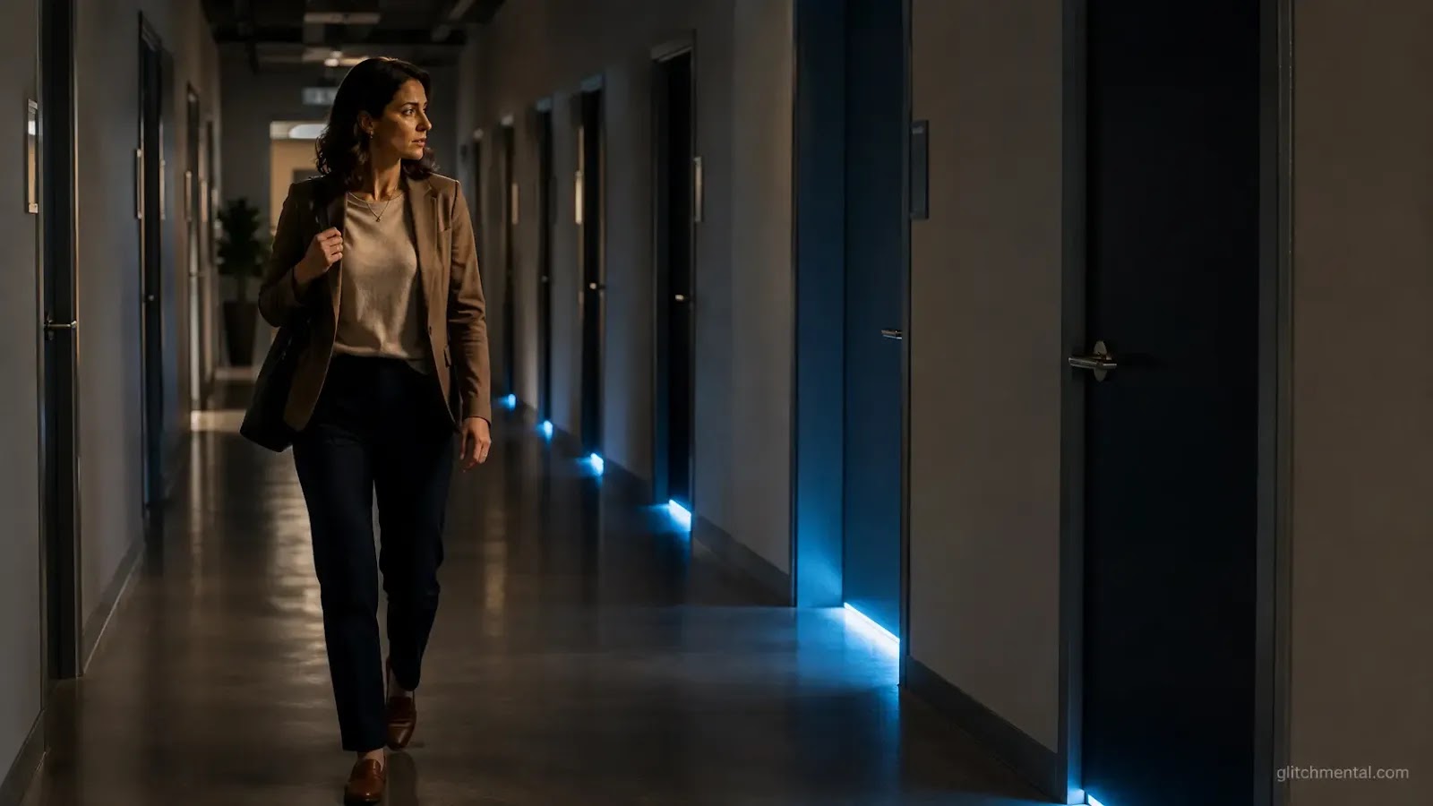Agentes IA empresas 2026: mujer en pasillo de oficina con luz azul filtrándose bajo múltiples puertas cerradas