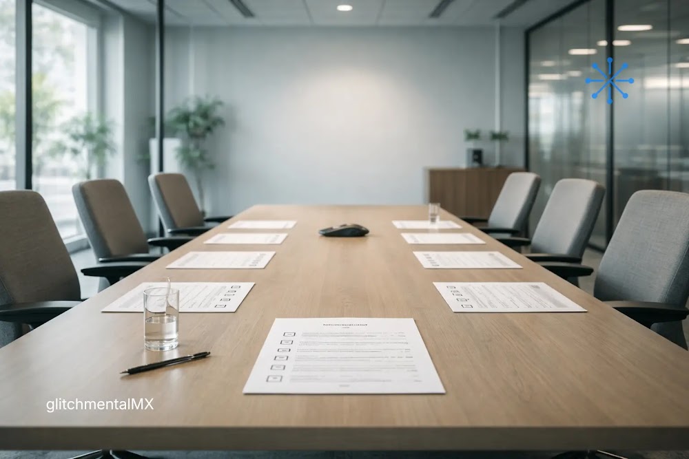 Agentes de IA: sala de juntas vacía con documentos sobre la mesa sin personas
