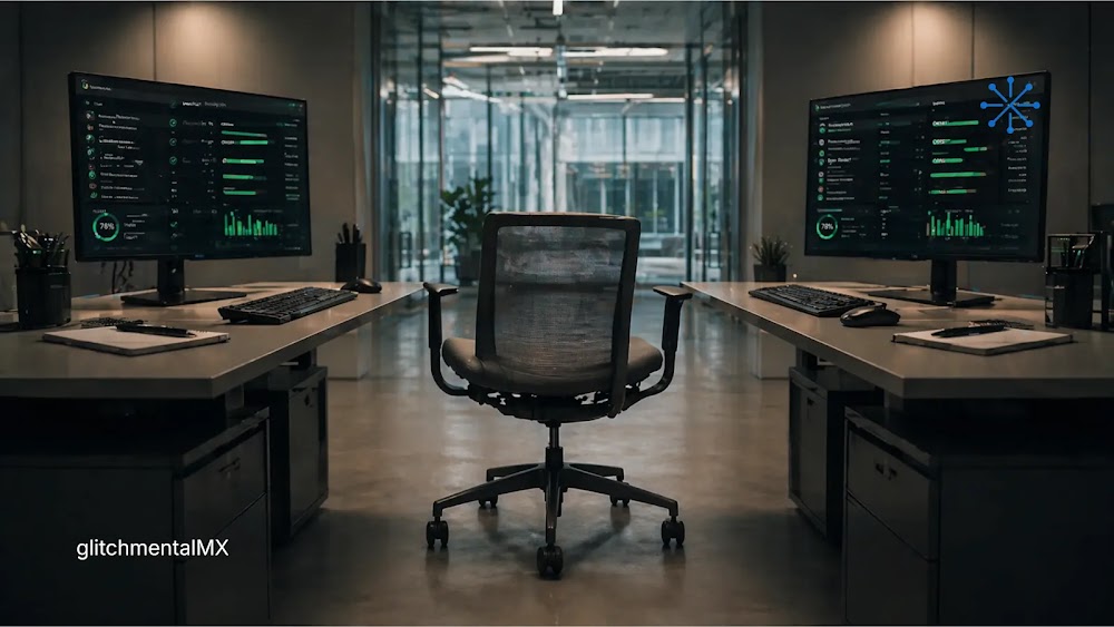 Agentes de IA en empresas: estación de trabajo vacía con dashboards activos entre dos escritorios