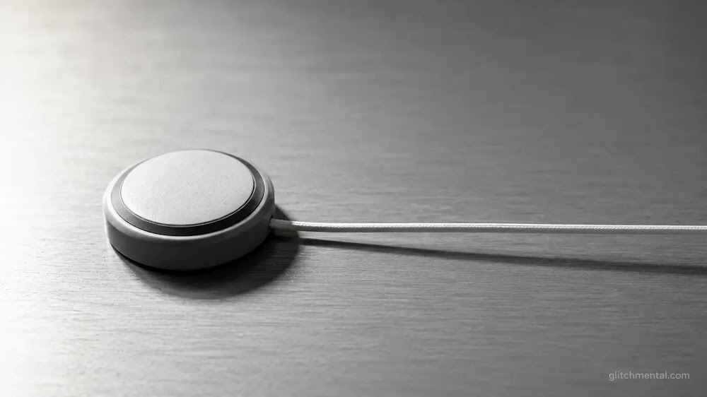 AirTag 2: rastreador circular sobre superficie metálica, cable tenso saliendo del cuadro