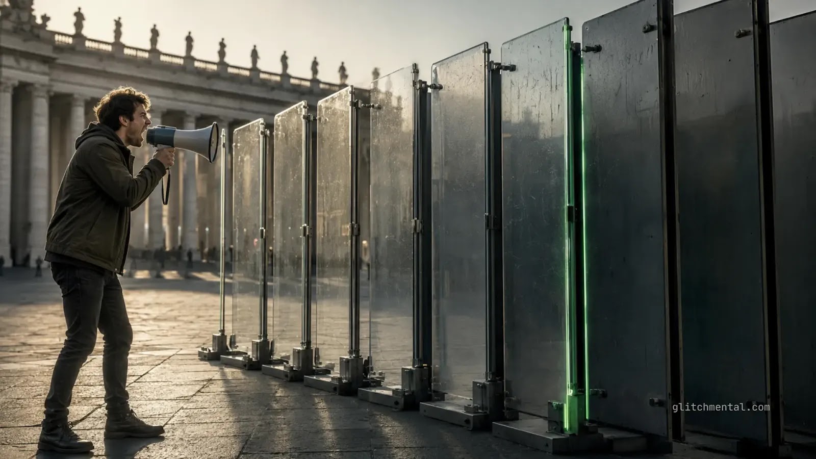 Hombre con megáfono frente a barreras de vidrio que reducen su alcance en una plaza pública, metáfora de la caída del alcance orgánico en redes.