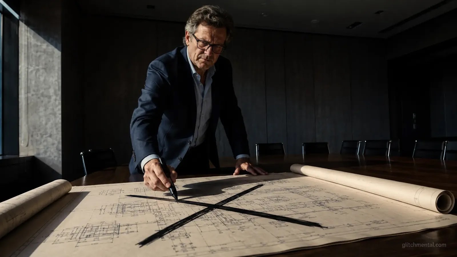 AMI Labs LLMs: hombre de traje trazando X sobre plano técnico en sala de juntas vacía, luz lateral dura