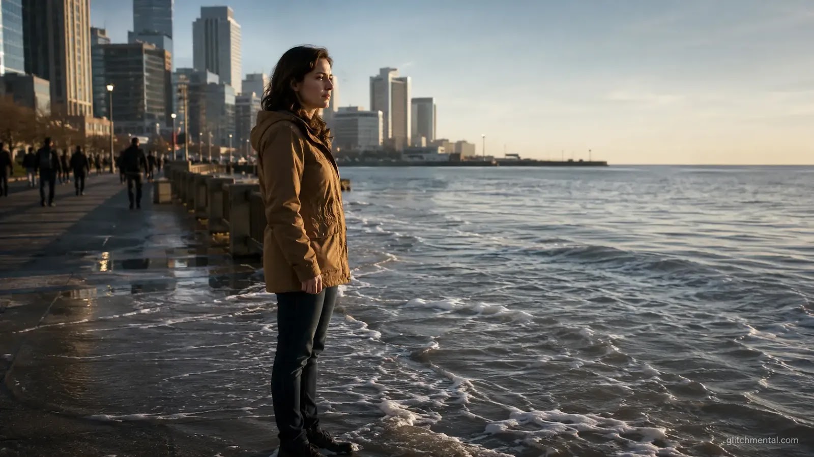 Dario Amodei IA empleo: mujer de pie en malecón urbano con agua avanzando silenciosa sobre el pavimento