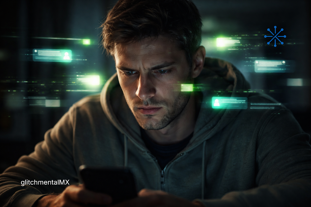 ansiedad digital: hombre mirando smartphone con notificaciones flotantes y carga cognitiva