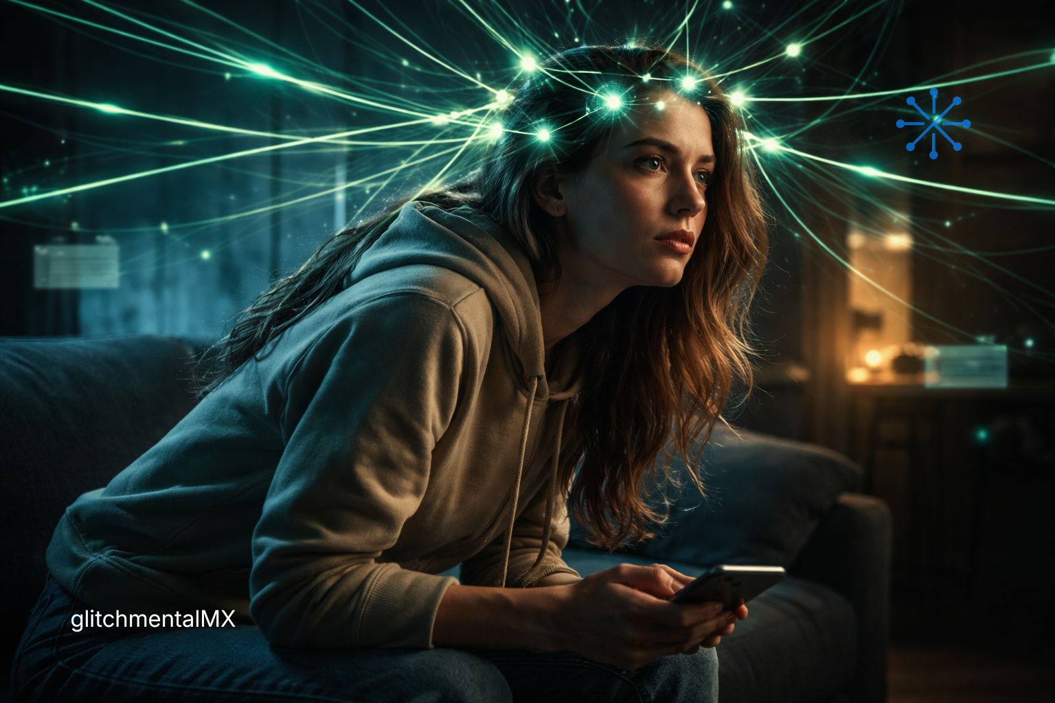 ansiedad digital: mujer revisando smartphone con estímulos de notificaciones en red neuronal