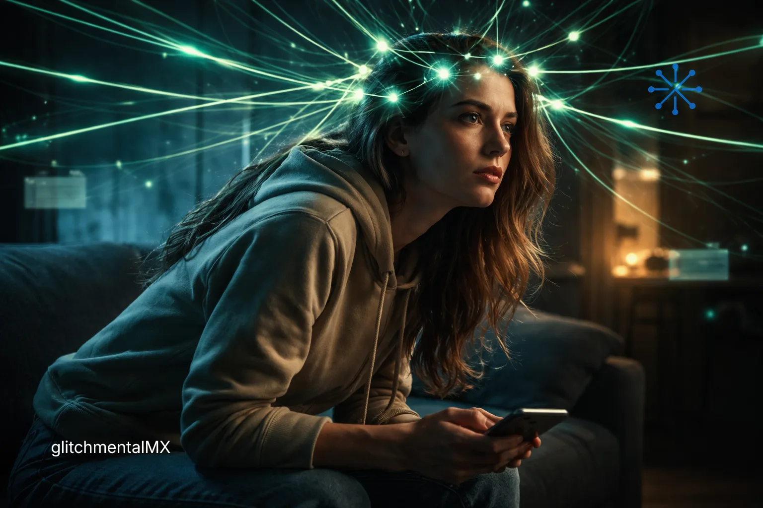 ansiedad digital: mujer revisando smartphone con estímulos de notificaciones en red neuronal