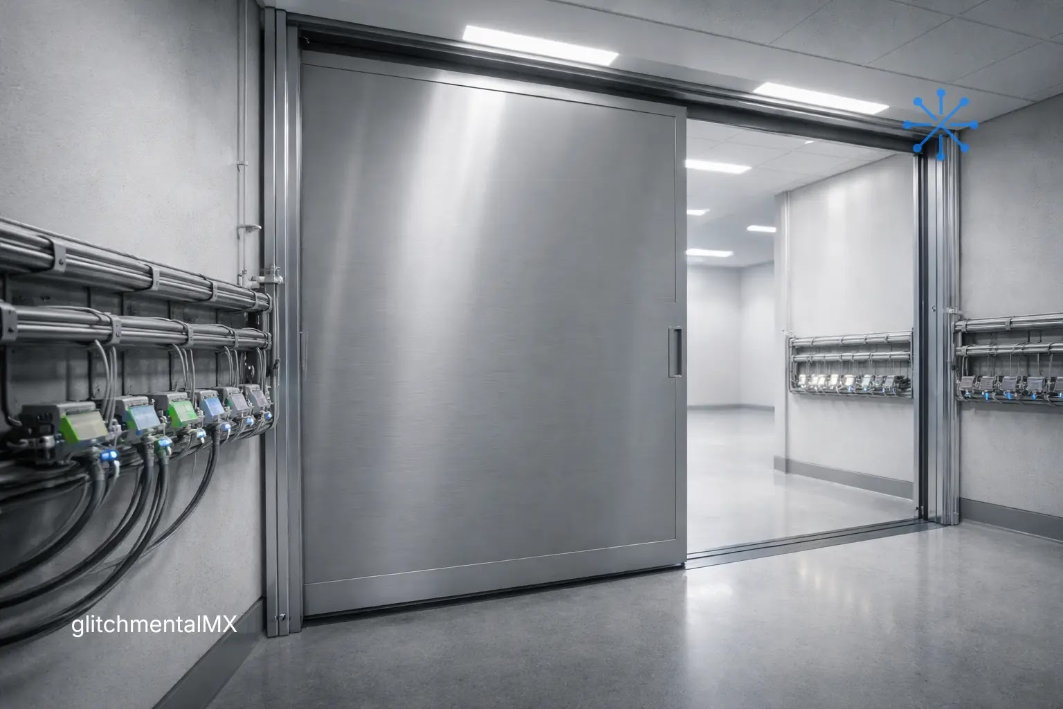Anthropic bloquea OpenClaw: puerta metálica cerrada en pasillo técnico con cableado de red