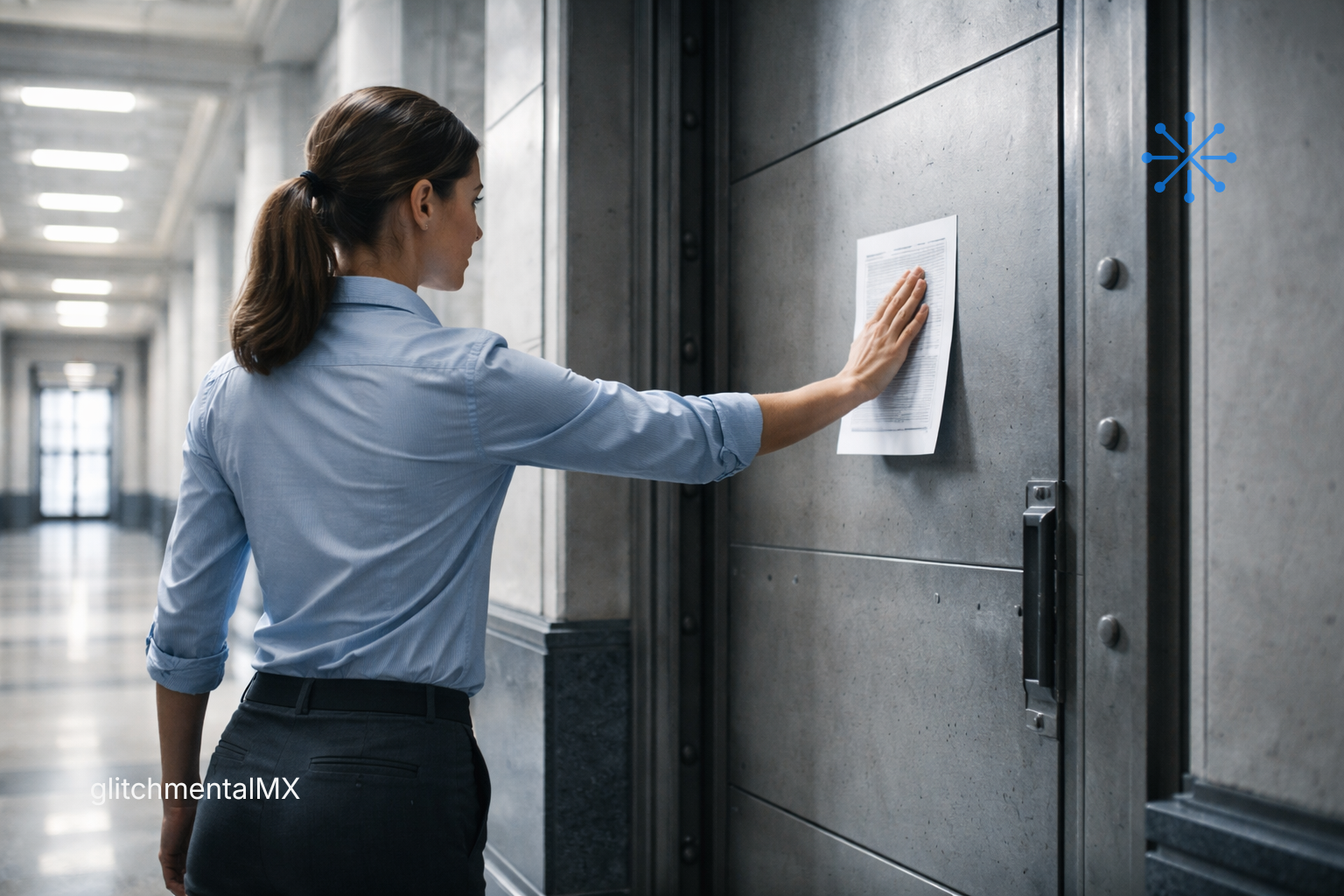 demanda de Anthropic al Pentágono: mujer colocando documento en puerta metálica institucional