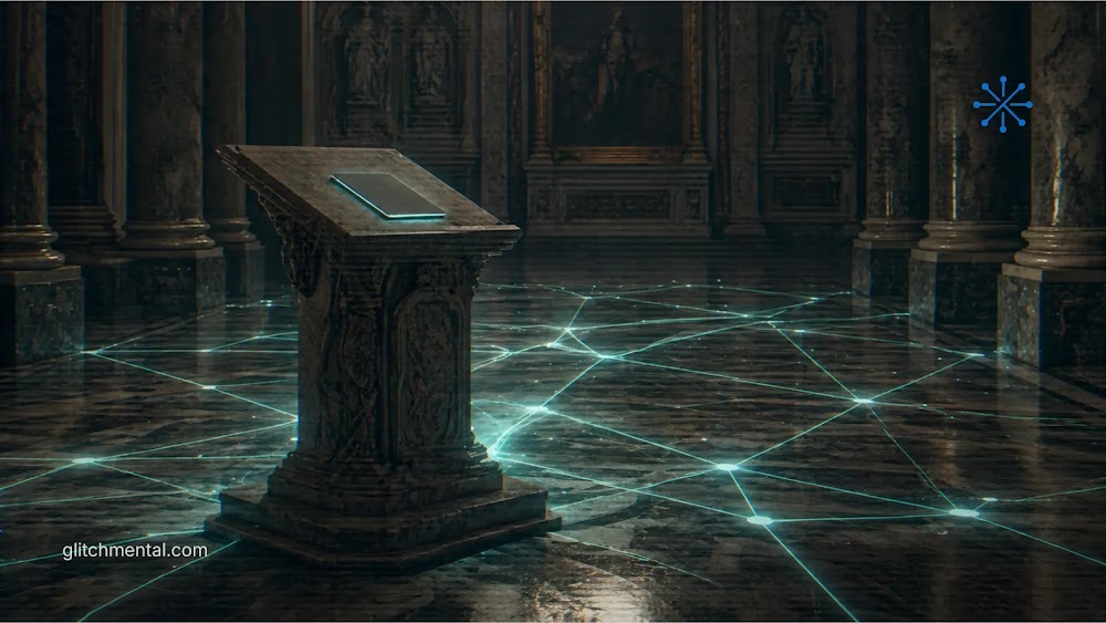 Anthropic y el Vaticano: pedestal con tableta digital en catedral conectado a red de datos en el suelo