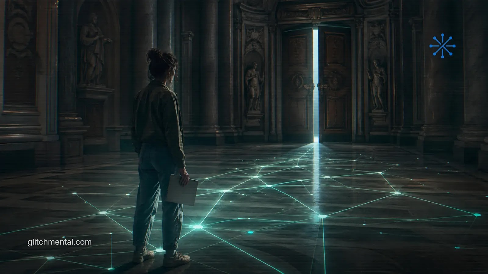 Anthropic y el Vaticano: persona frente a puerta iluminada en catedral con red de datos digital en el suelo