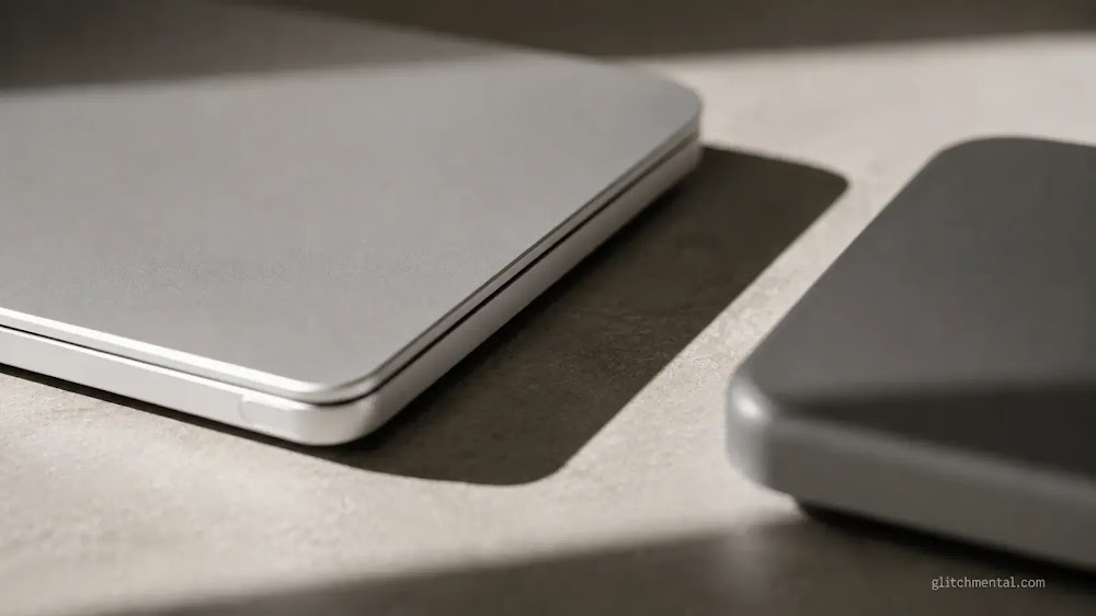 Apple 2026 qué comprar: dispositivo genérico en foco y centrado junto a otro desplazado y difuso en superficie neutra