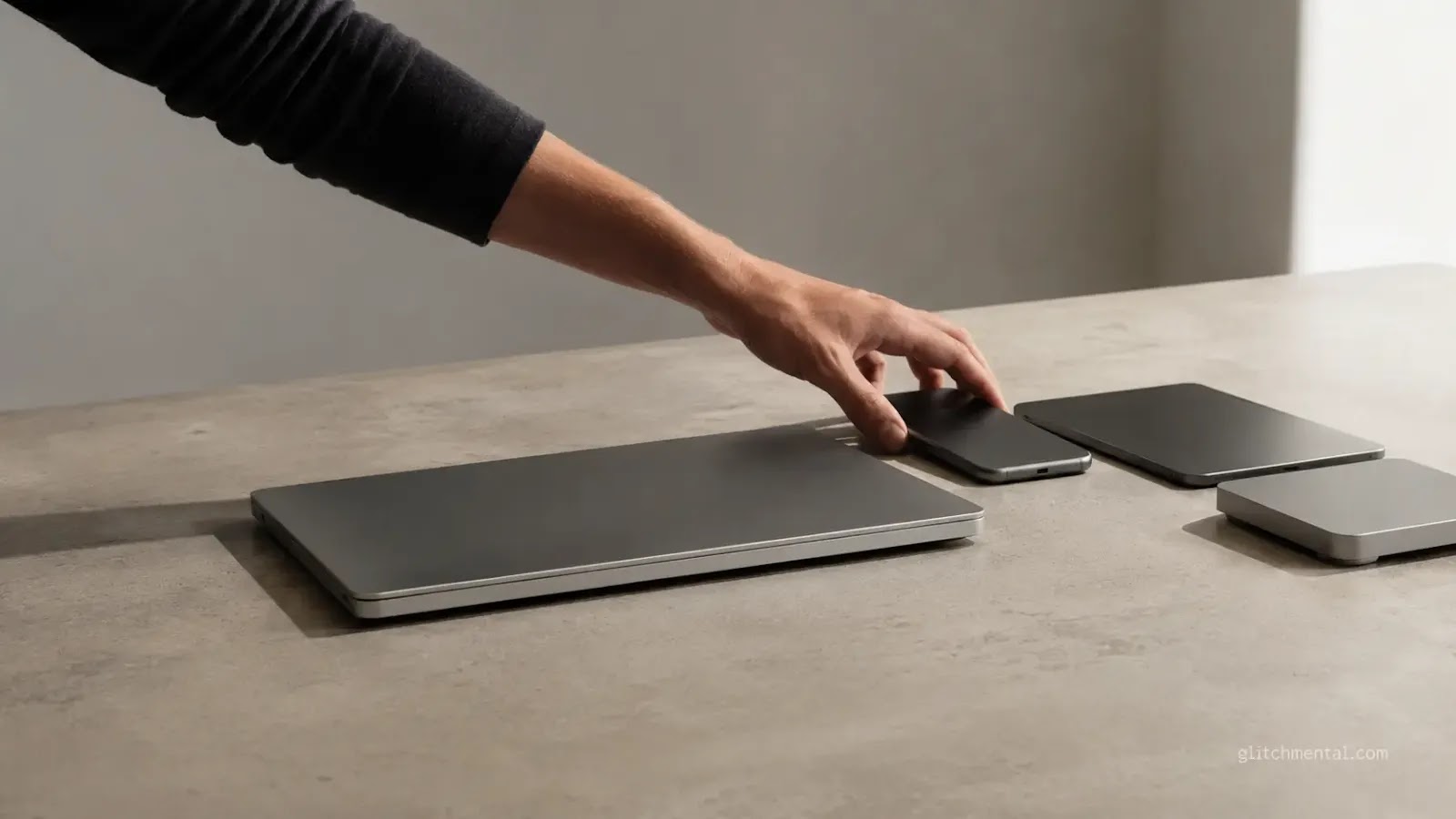 Apple 2026 qué comprar: mano desplazando dispositivos genéricos sobre mesa — uno centrado, otros apartados al costado