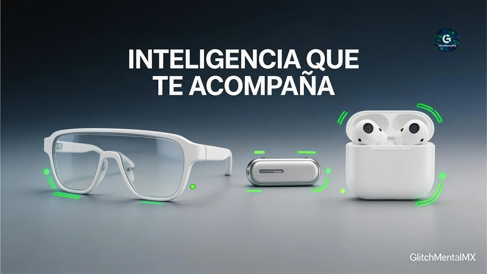 Gadgets IA: lentes inteligentes y audífonos de última generación representando la inteligencia artificial portátil