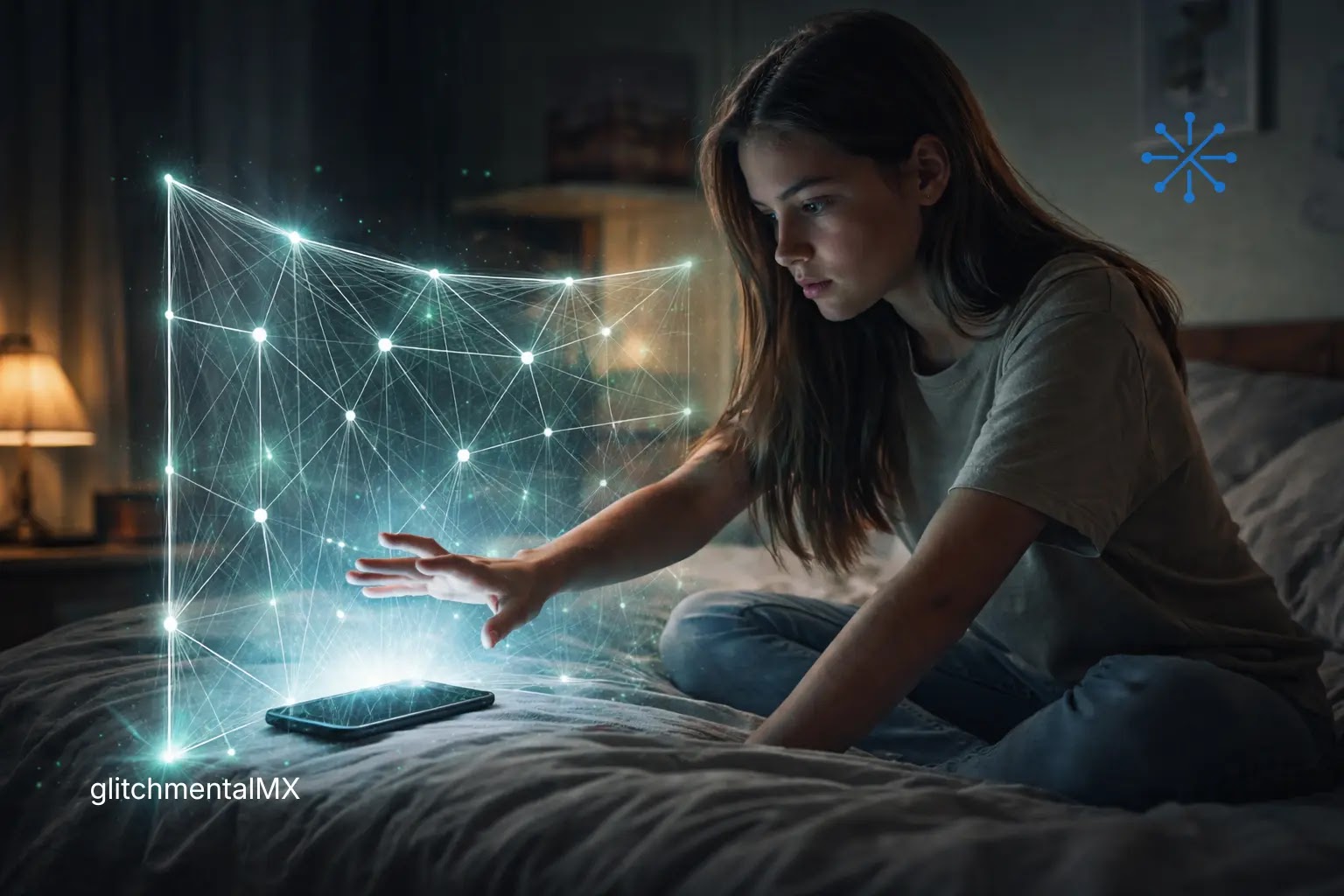 control uso celular apps: adolescente interactuando con red digital proyectada desde smartphone en cama