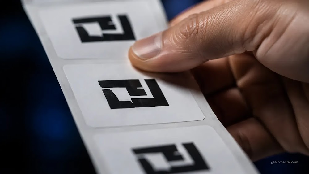 ATA: primer plano de mano sosteniendo etiqueta con glifo repetido, tira continua desenfocada