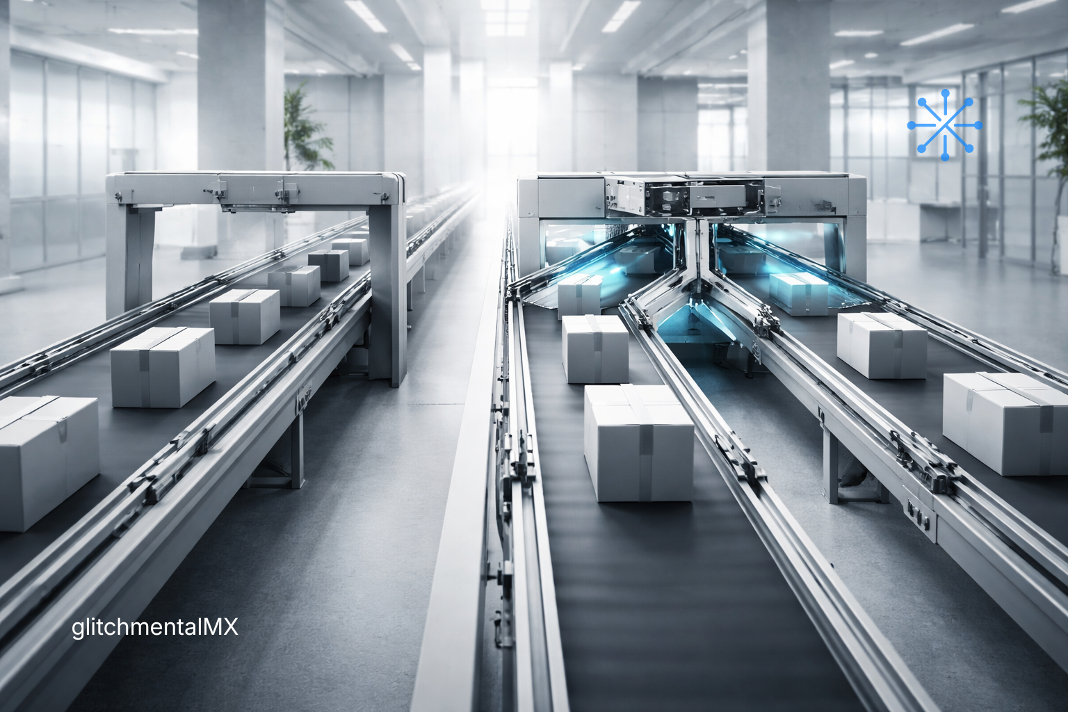Automatización vs autonomía: cintas transportadoras paralelas con cajas en flujo lineal y sistema divergente automatizado