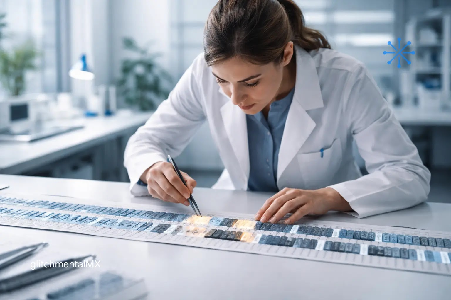 Biología sintética: investigadora manipulando microarreglo de ADN con pinzas en laboratorio