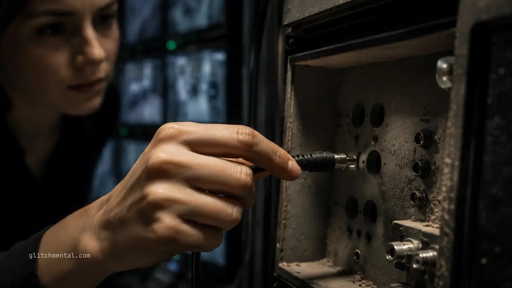 Bioseguridad global: primer plano de conexión manual en panel de monitoreo técnico