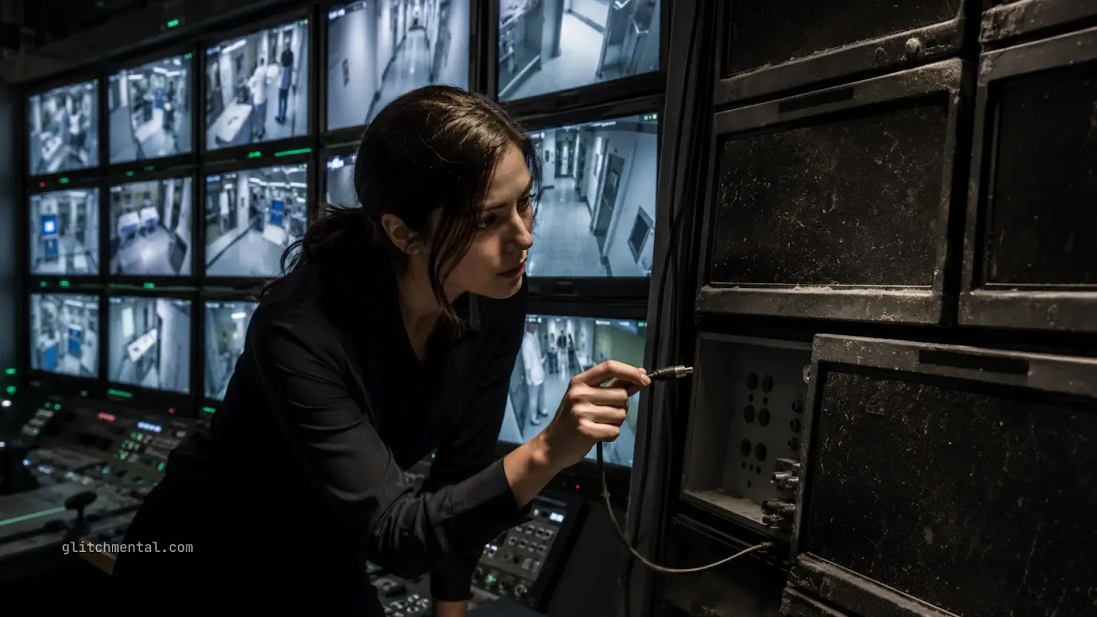 Bioseguridad global: operadora conectando cable en sistema de vigilancia con múltiples monitores