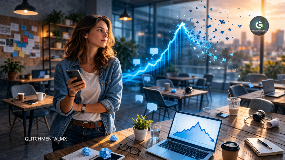 Bluesky desaceleración: gráfica digital ascendente que se fragmenta frente a laptop con métricas sociales