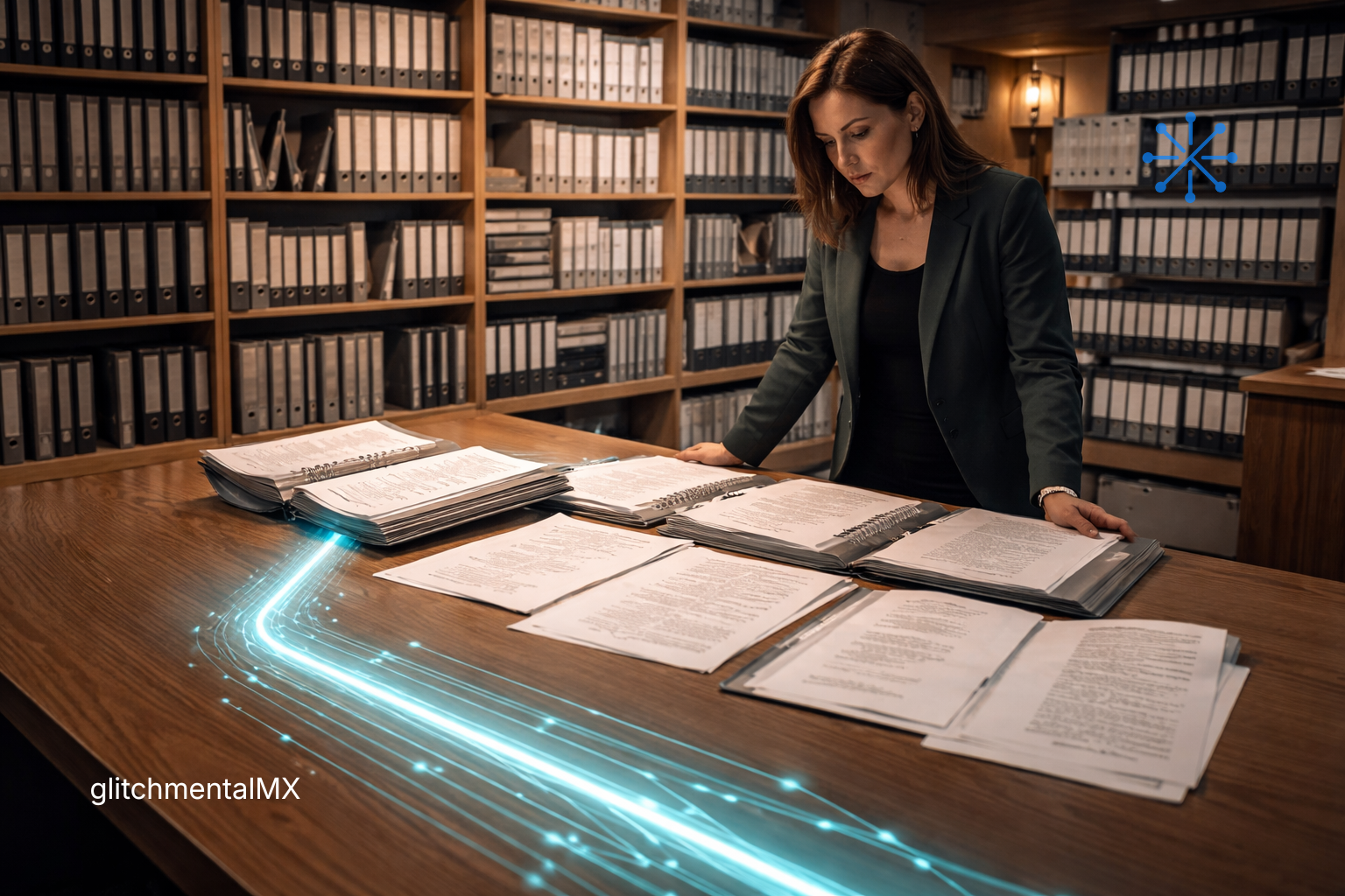 BMG demanda Anthropic: archivista frente a expedientes abiertos con trail de datos cyan saliendo del archivo