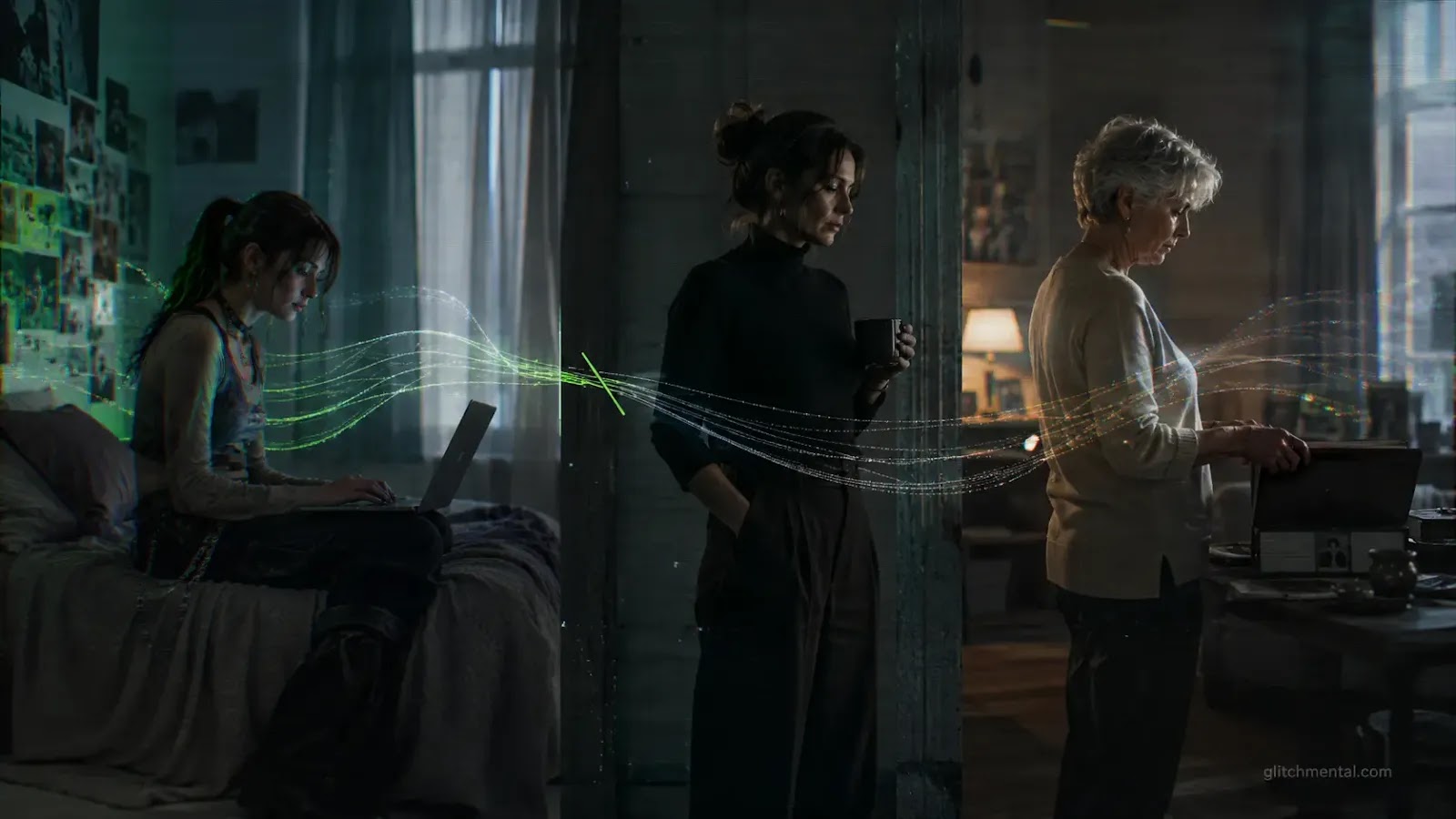Generaciones digitales: tres mujeres en el mismo espacio con capas de red incompatibles y una línea de flujo interrumpida