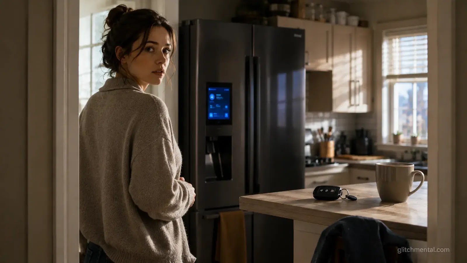 CES 2026 ecosistema IA: mujer en umbral de cocina, refrigerador con panel activo y llave de auto sobre mostrador