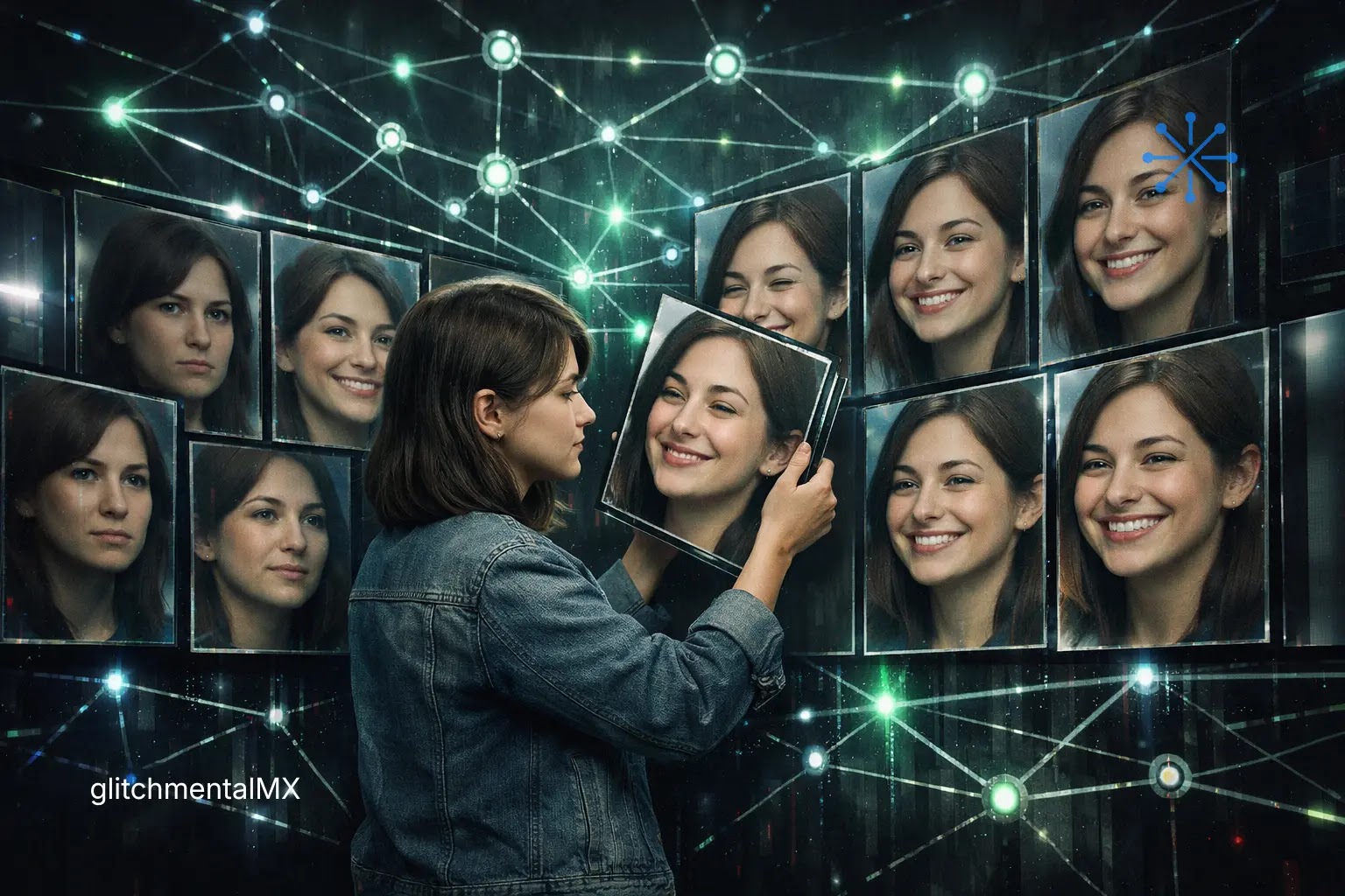 ChatGPT te da la razón siempre: mujer eligiendo rostro sonriente entre múltiples opciones en red