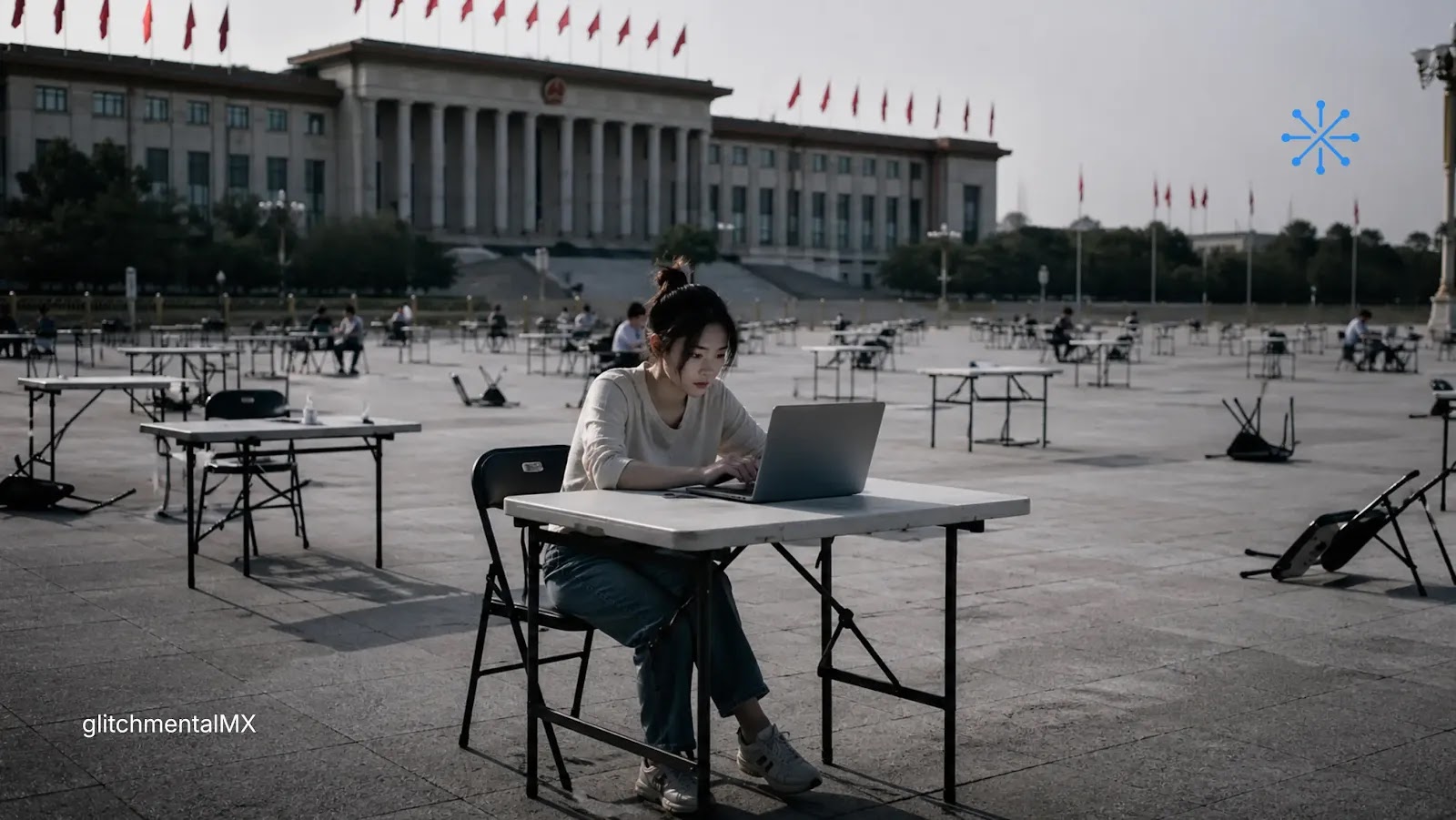 desempleo juvenil China política IA: joven con laptop en plaza con mesas separadas frente a edificio estatal