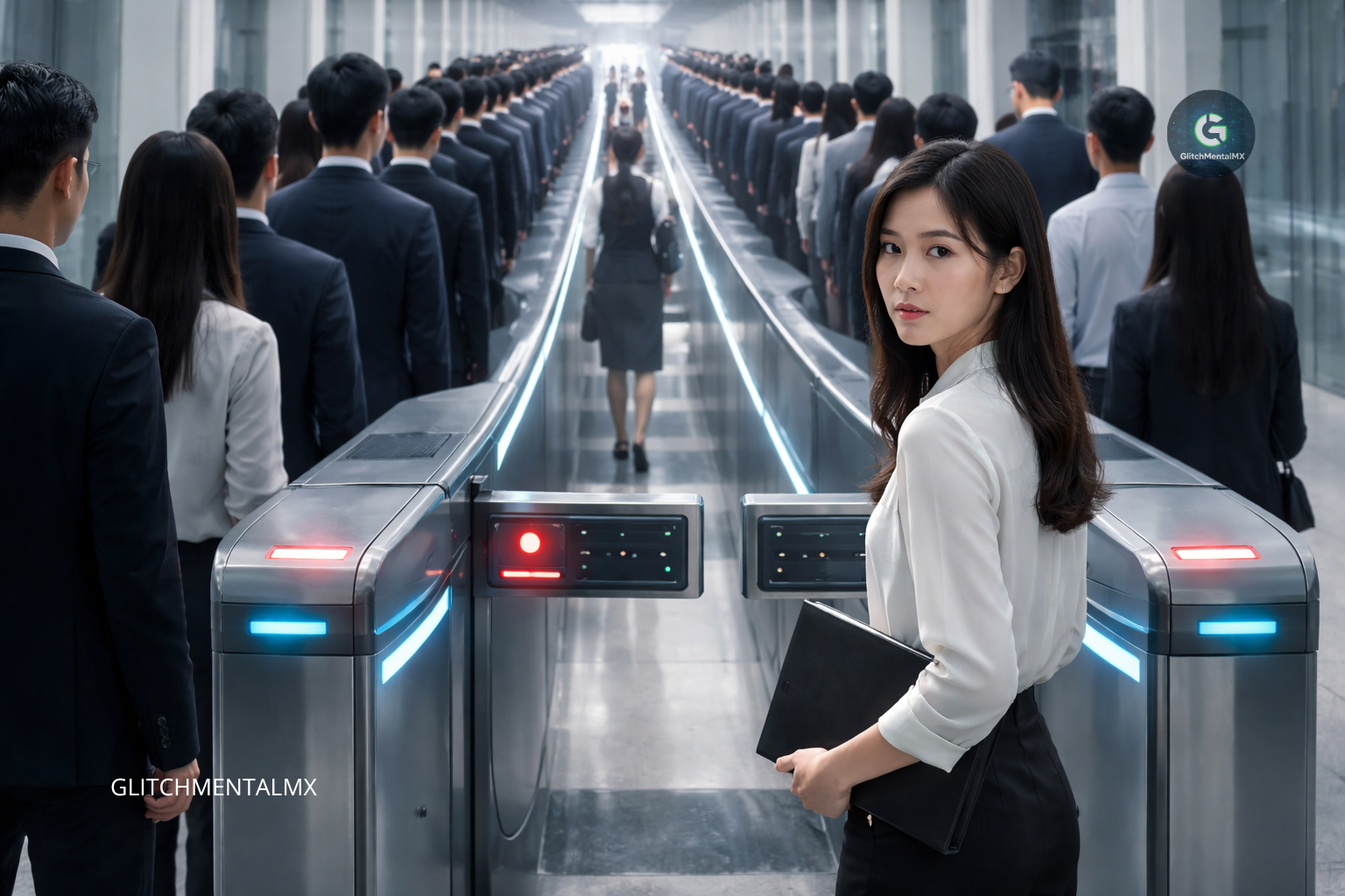 Automatización en China: trabajadores uniformados pasando por torniquetes de control biométrico