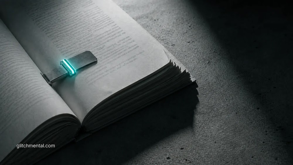 Claude AI: libro abierto con marcador luminoso que señala acceso y consulta de información