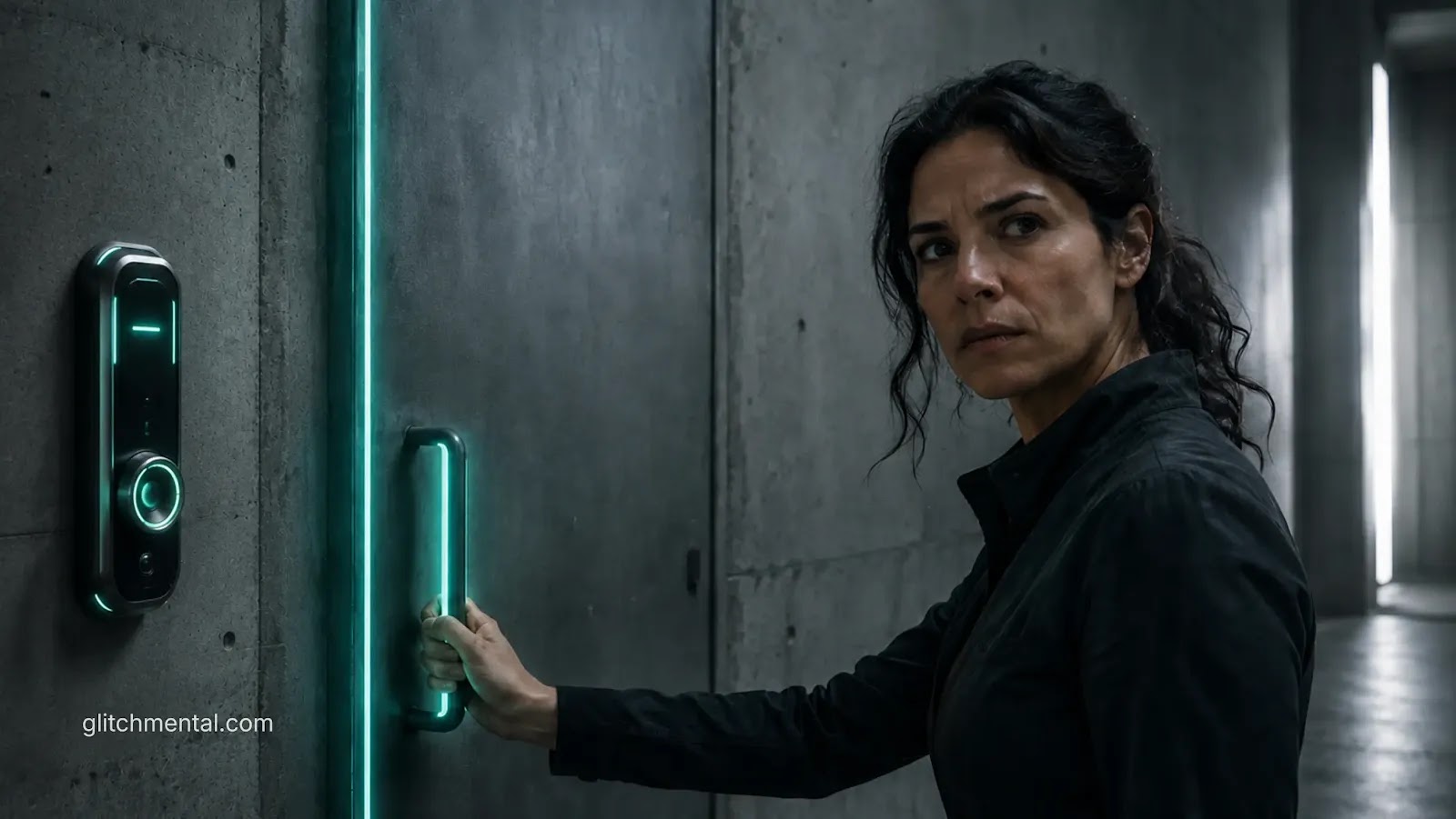 Claude AI: mujer abriendo puerta con control de acceso digital en entorno tecnológico seguro