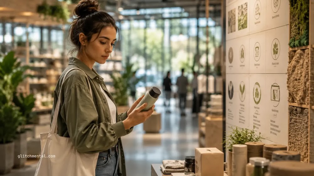 Cómo compra la Gen Z: consumidora revisando producto junto a indicadores de sostenibilidad