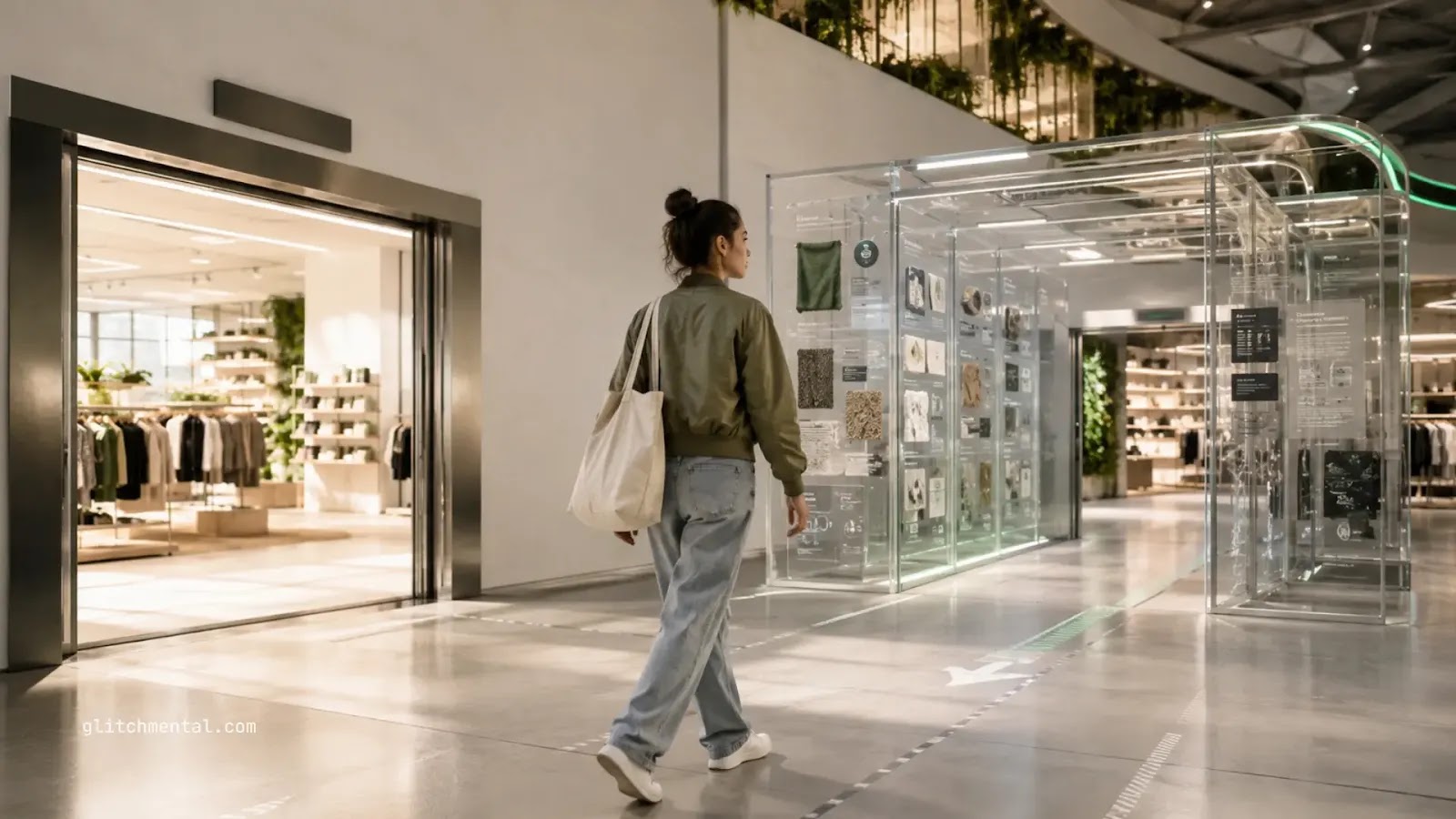 Cómo compra la Gen Z: compradora frente a panel de trazabilidad y sostenibilidad en tienda