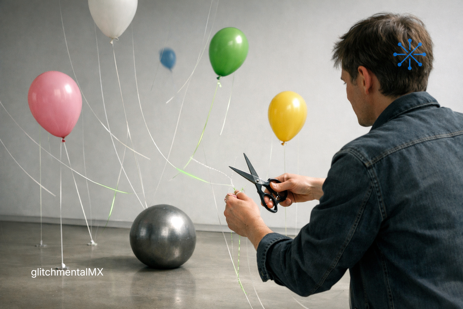 Cómo distinguir una tendencia: persona corta cuerdas de globos flotantes separando señales relevantes