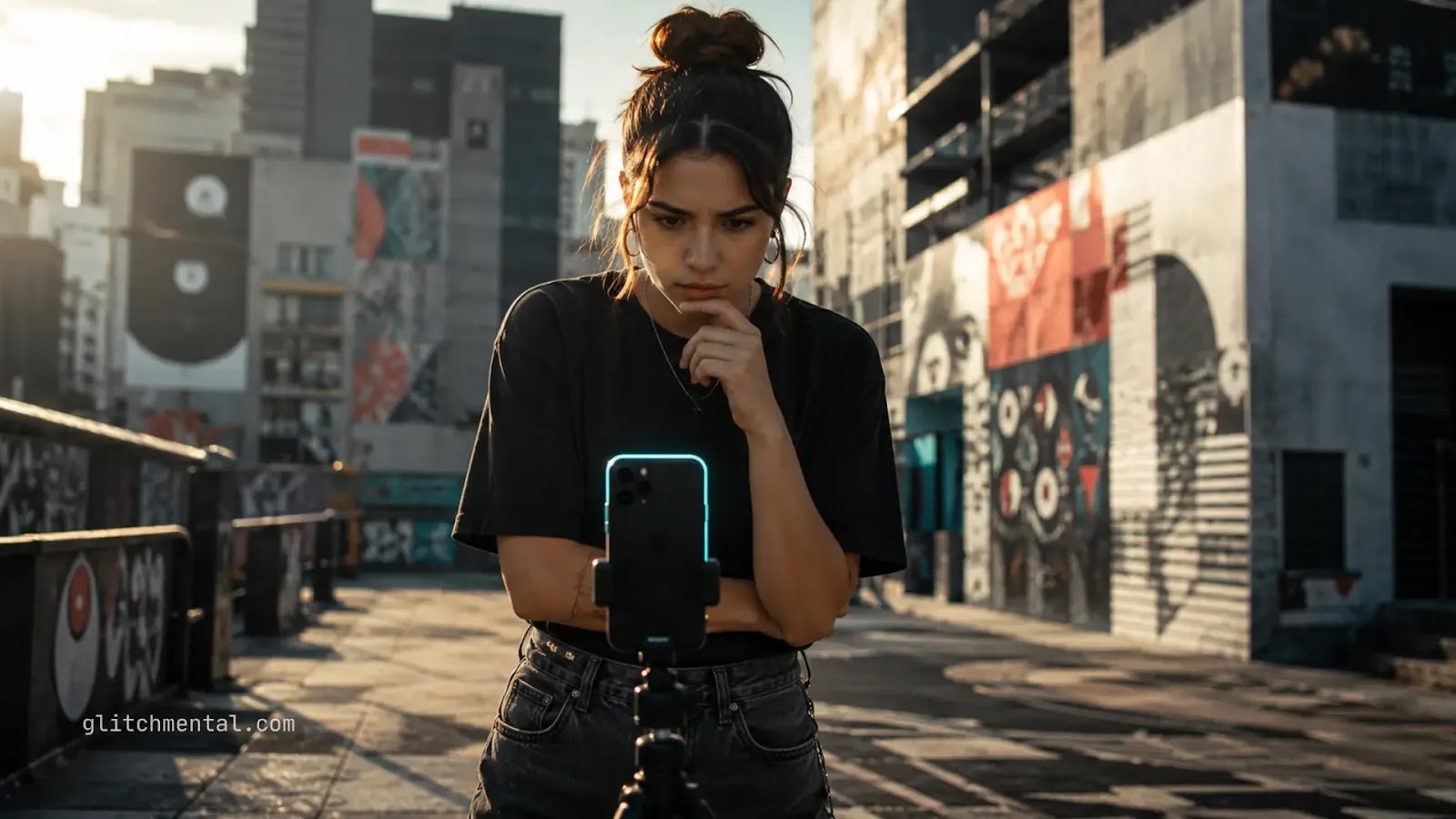 Cómo dominar TikTok en 2026: creadora analiza smartphone montado en trípode para grabar contenido